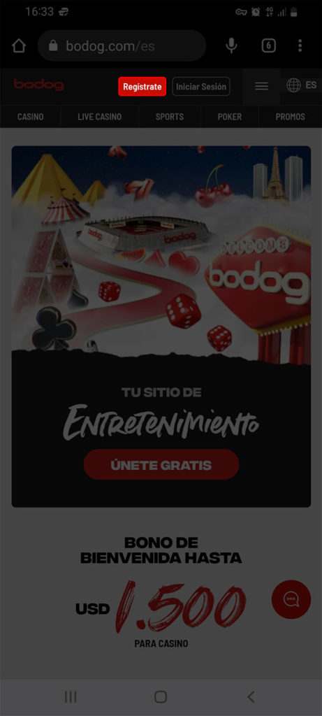 Accede al sitio web oficial de Bodog utilizando tu navegador favorito y haz clic en el botón rojo de registro situado en la parte superior de la pantalla, paso 1