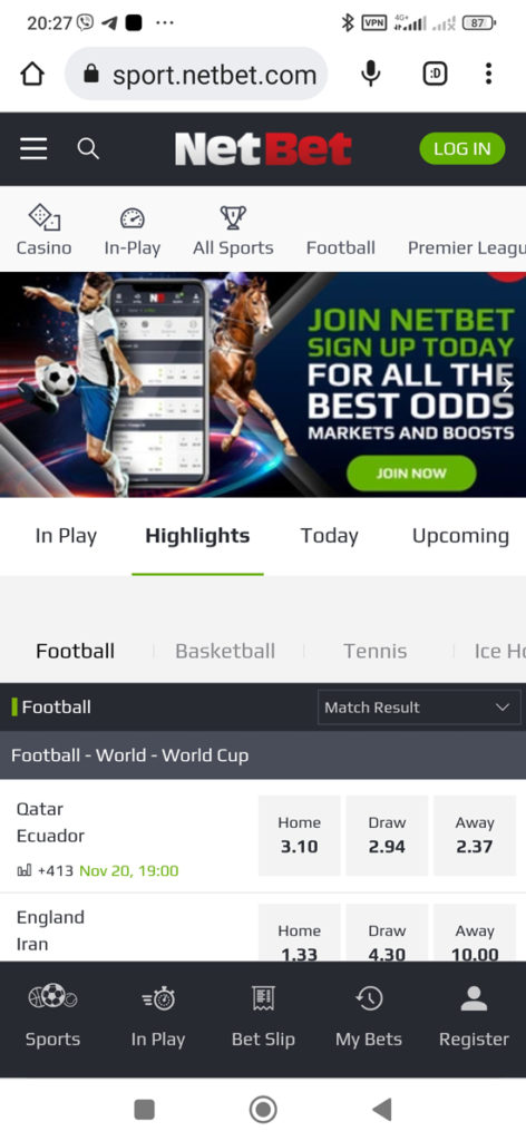 registrándose en la web oficial de Netbet