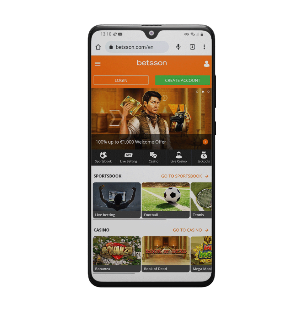 Interfaz del sitio web de la aplicación móvil de Betsson