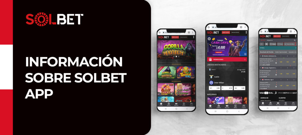 Interfaz de la aplicación móvil de Solbet para Android e iOS