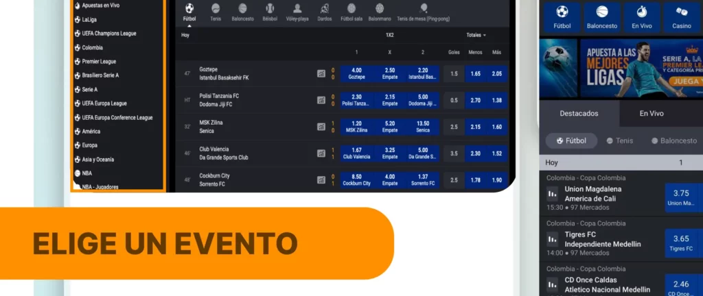 Seleccione el evento a apostar en la pantalla de inicio