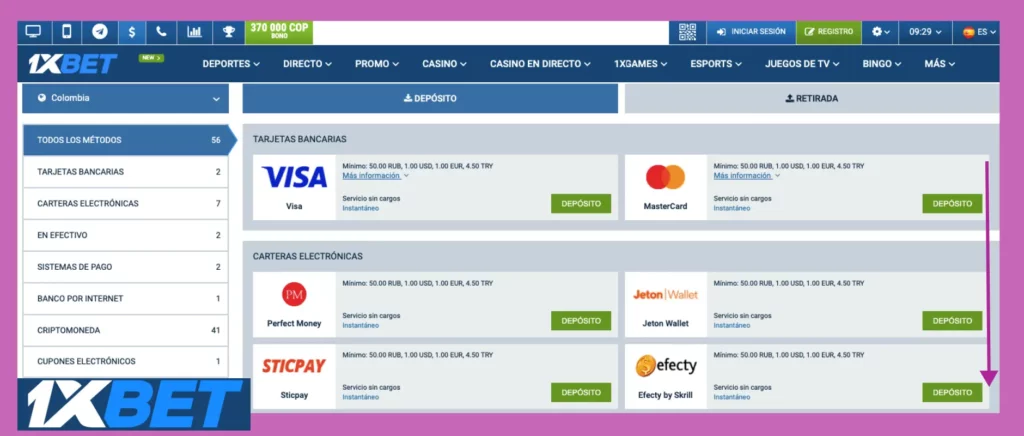 1xBet ofrece alrededor de 50 opciones para depósitos y retiros