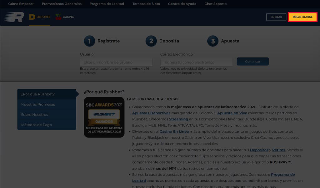 Instrucciones detalladas sobre cómo registrarse en el sitio web de la casa de apuestas Rushbet en Colombia